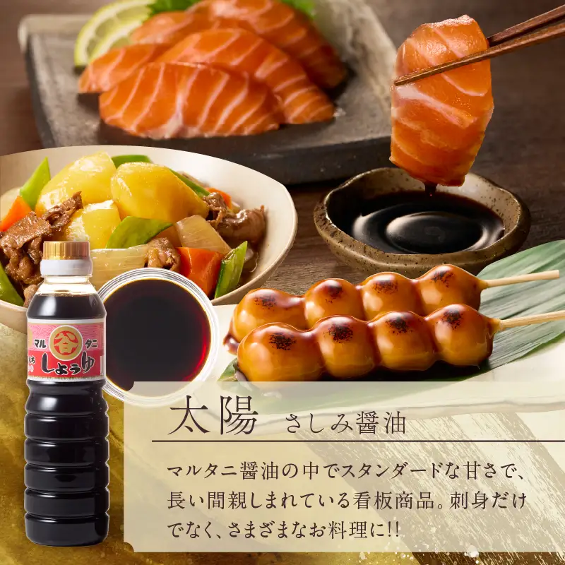 さしみ醤油 食べ比べギフトセット(合計2本) 食品 加工品 調味料 しょうゆ 2種 オリジナルBOX入り 人気商品 新世界 太陽 魚料理 肉料理 野菜料理 卵かけご飯 餅 刺身 煮物 詰め合わせ おすすめ プレゼント 贈り物 おすそ分け 宮崎県 日南市 送料無料_AV4-25