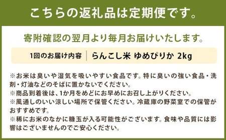 【4ヶ月定期便】らんこし米 ゆめぴりか 2kg【2024年9月下旬発送開始予定】
