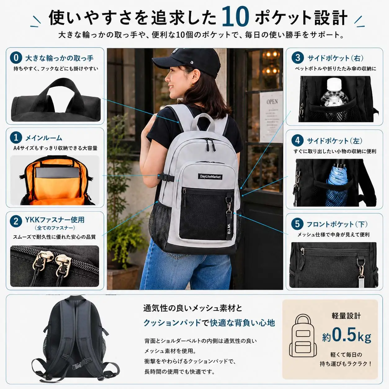 撥水、軽量、ポケット多数、ボックスロゴがお洒落な 10ポケット 24L ペールグレー WZ013-4