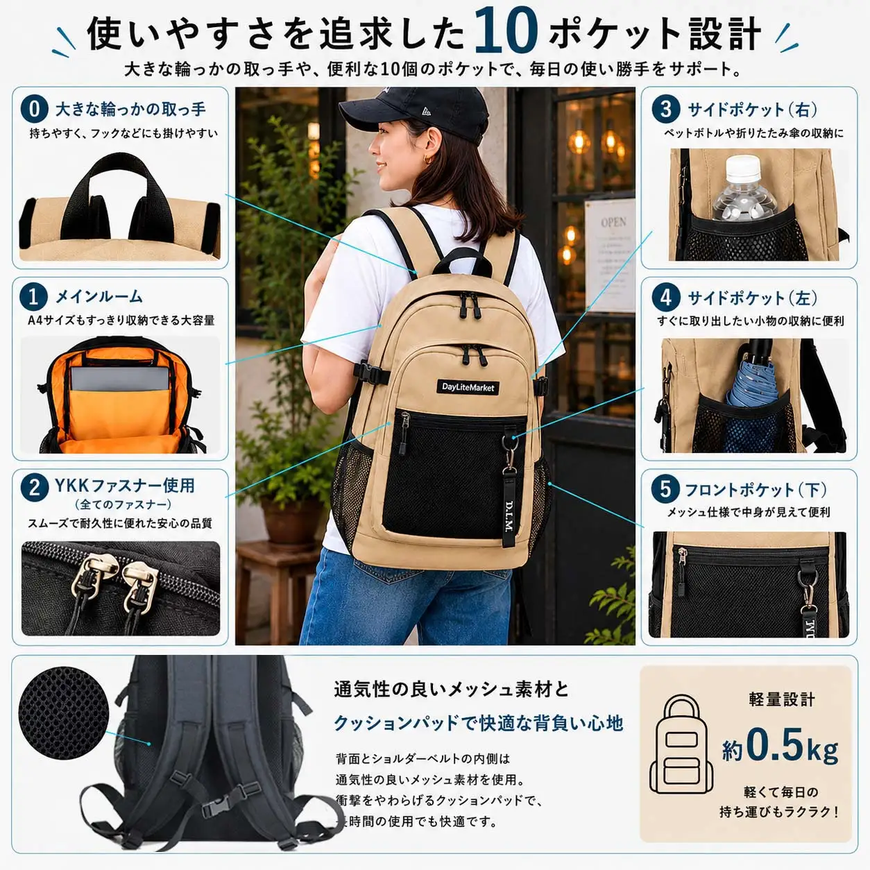 撥水、軽量、ポケット多数、ボックスロゴがお洒落な 10ポケット 24L サンドベージュ WZ013-3