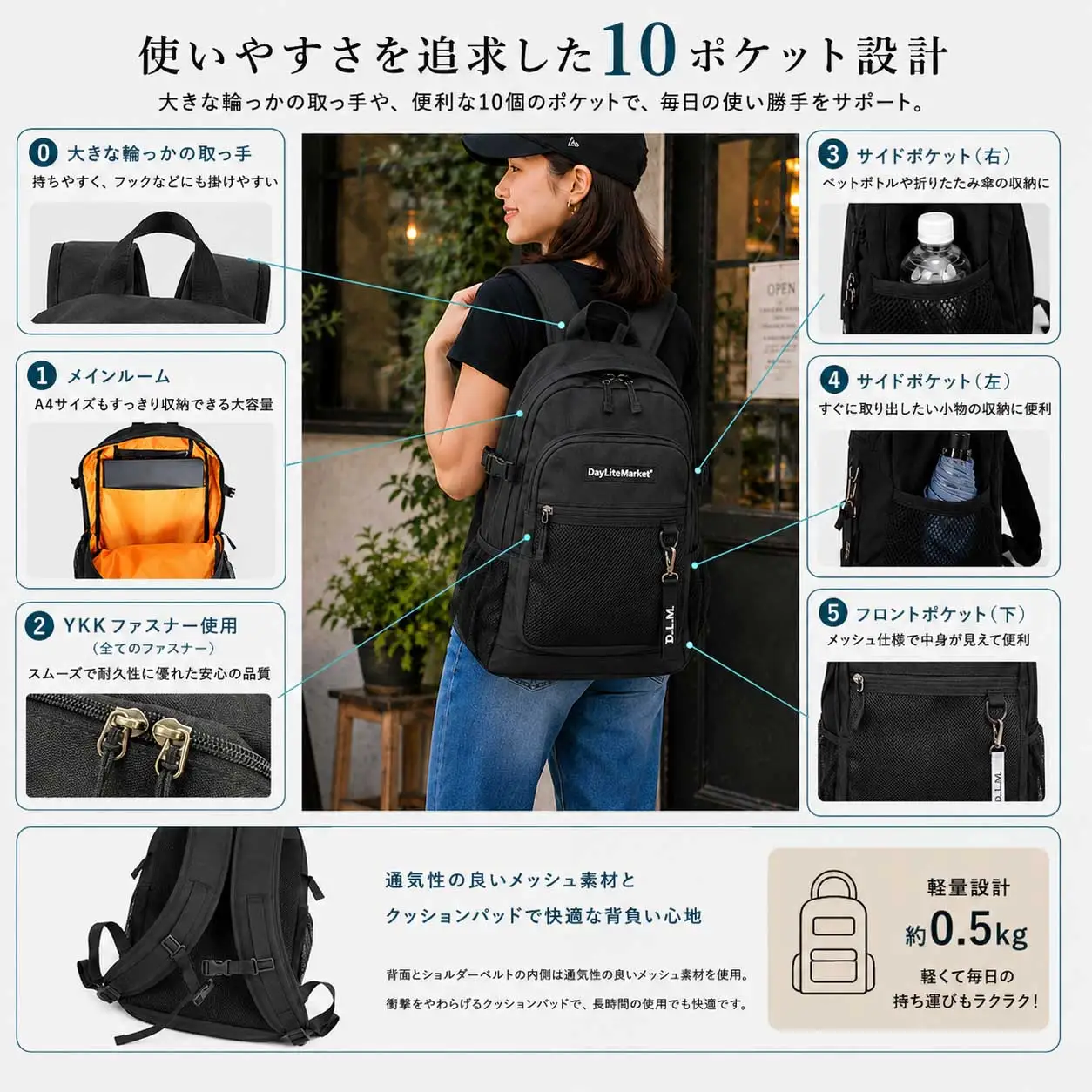 撥水、軽量、ポケット多数、ボックスロゴがお洒落な 10ポケット 24L ブラック WZ013-1