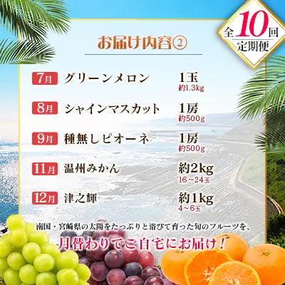 【10回定期便】旬 人気 フルーツ 南国宮崎産 マンゴー 金柑たまたま シャインマスカット ピオーネ いちご みかん 日向夏 メロン 柑橘 きんかん ぶどう 果物 詰め合わせ 宮崎県 九州＜E-3コース M700＞