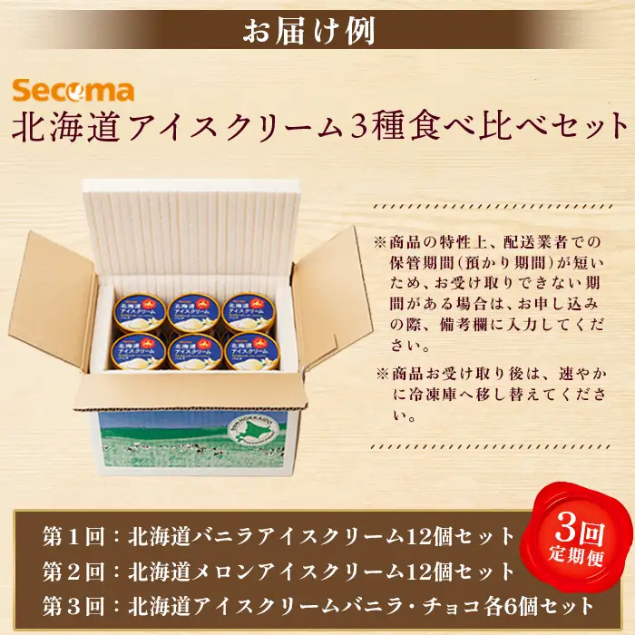 【定期便：3回】Secoma 北海道アイスクリーム3種食べ比べセット（バニラ・メロン・チョコレート）【01105】