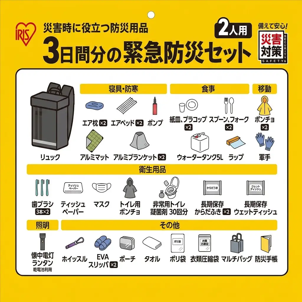 3日間分の緊急防災セット 2人用 BMT-2 防災 防災グッズ 防災セット 防災リュック 二人用 3日間避難 ブラック 必要なもの セット 避難グッズ 避難セット 避難リュック 非常用 アイリスオーヤマ 防災士監修 災害備蓄管理士監修
