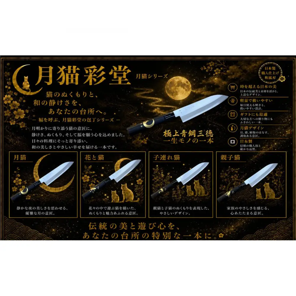 月猫彩堂　極上安来青鋼1号　三徳万能包丁　花とねこ＜和風レトロモダン＞　木製ハンドル