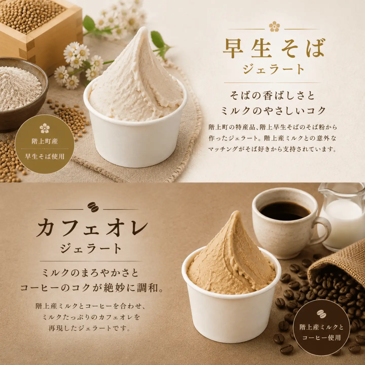階上町産ミルクベースのジェラート　大人の味４種詰め合わせ（ミルク、酒粕、早生そば、カフェオレ）