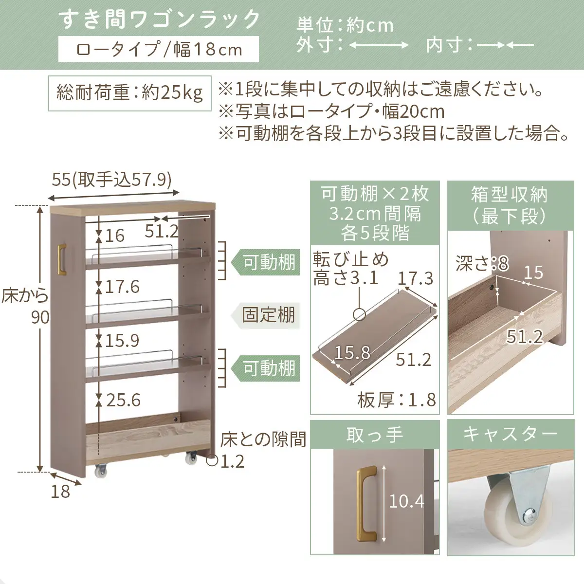 【完成品＋設置付き】すき間 ワゴンラック ロータイプ 幅18cm （グレー）キッチン 隙間収納 キャスター付き キッチンワゴン スリム 収納 キッチン隙間ワゴン キッチン隙間家具 ラック キッチン収納 KKONRA945069-18-GY