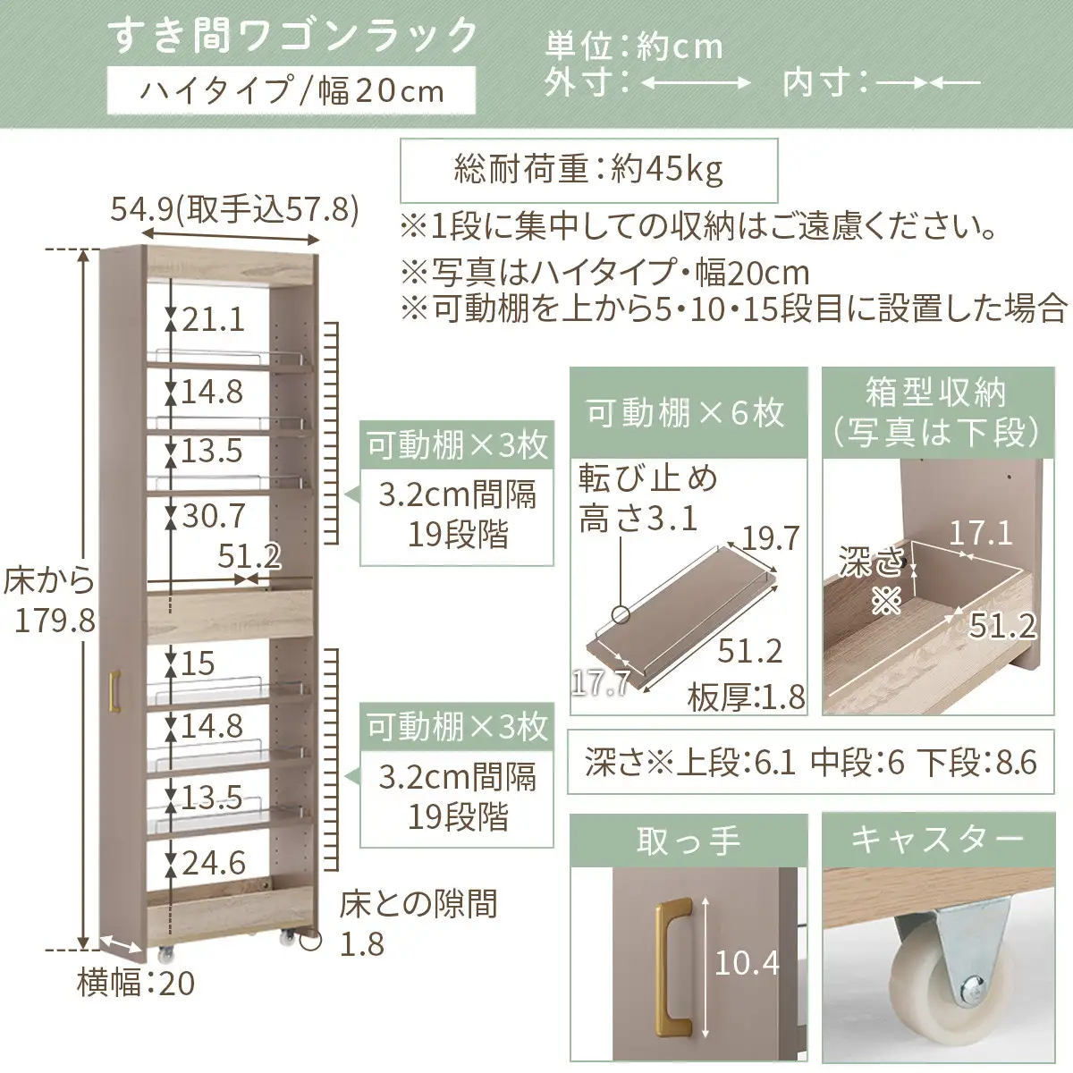【完成品＋設置付き】すき間 ワゴンラック ハイタイプ 幅20cm （グレー）キッチン 隙間収納 キャスター付き キッチンワゴン スリム 収納 キッチン隙間ワゴン キッチン隙間家具 ラック キッチン収納 KKONRA945071-20-GY