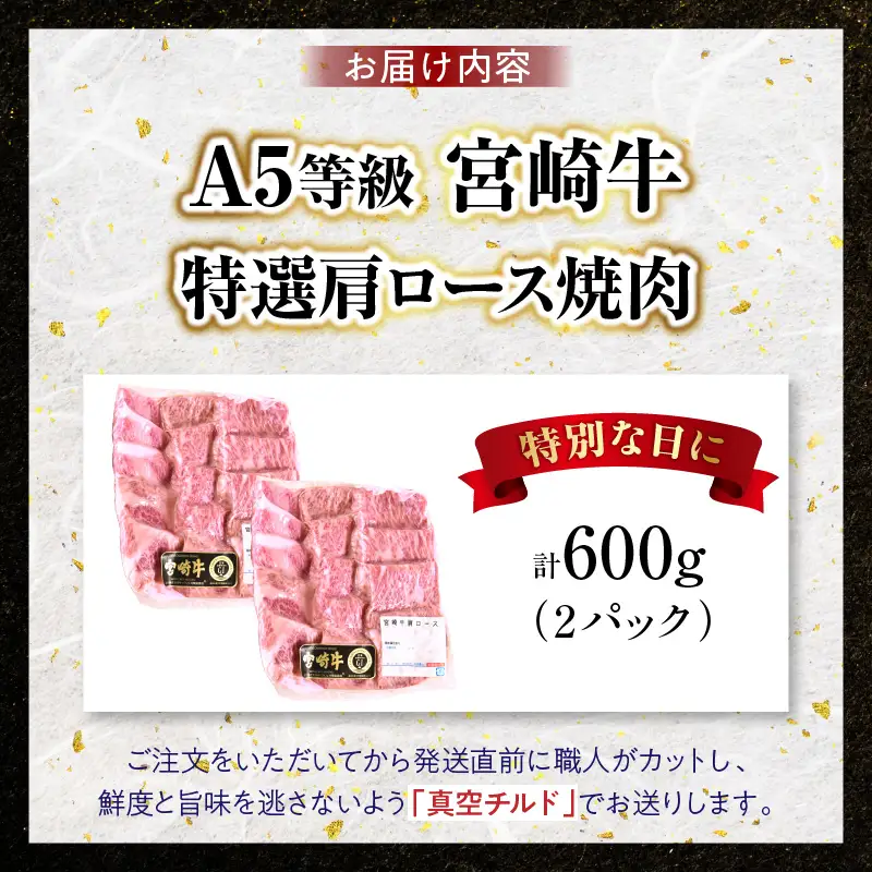 【新鮮チルド】宮崎牛特選 肩ロース焼肉 合計600g（2パック）_kn123-003-01