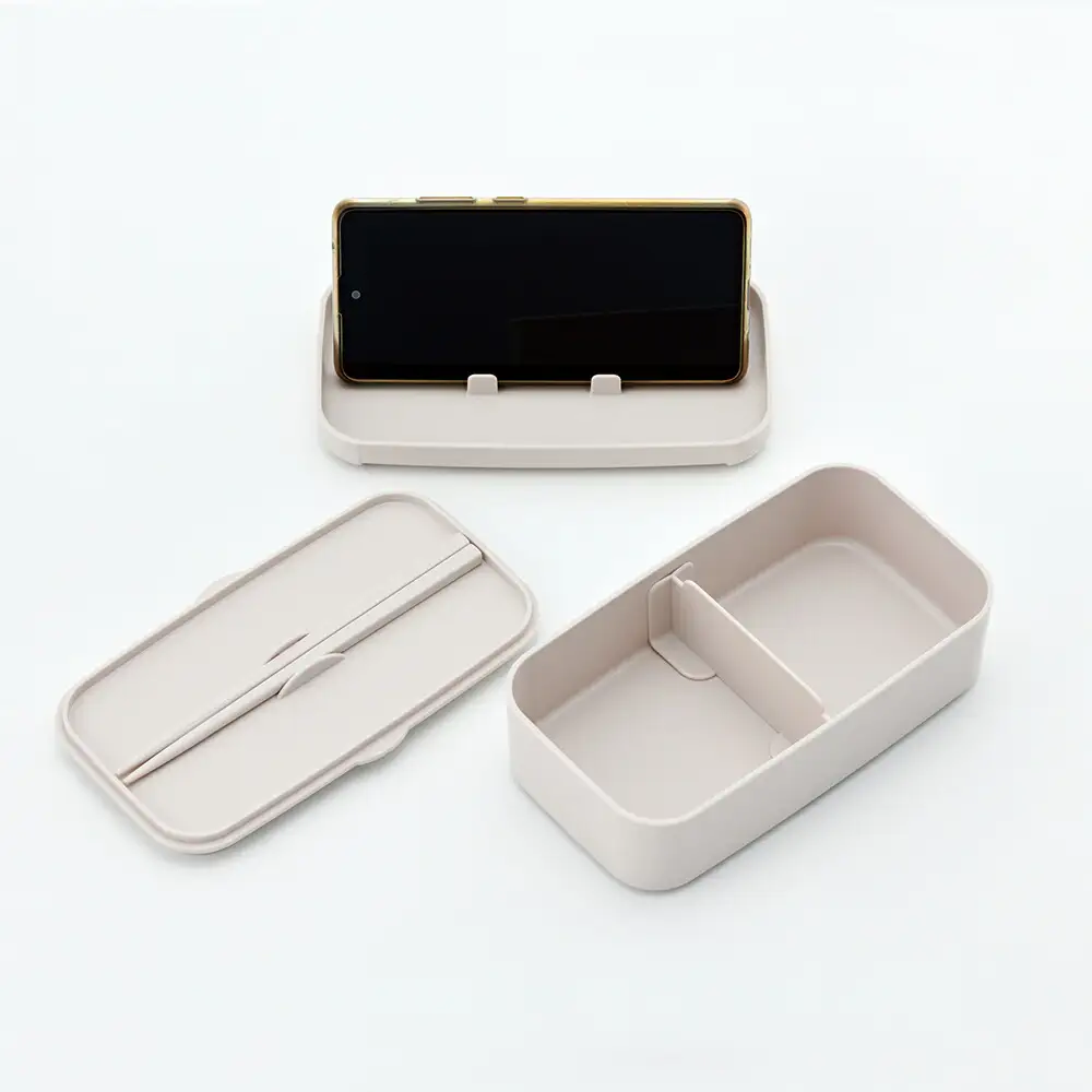 食洗機、電子レンジ対応 スマホスタンド付き 弁当箱 600ml 1段 箸付き PLB6SSH ベージュ 奈良県奈良市 4-174 716966