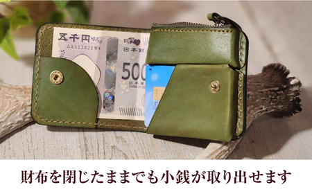 ２つ折りウォレット（ポケット2）【グリーン】 / 本革　サドルレザー 財布  小浜市 / フウネレザーファクトリー[BFAJ194]