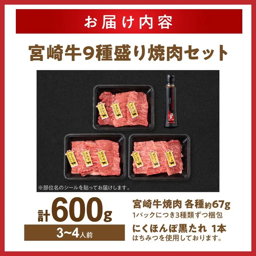 【お中元】【数量限定】宮崎牛9種盛り焼肉セット〔22-31-006-600g-SG〕