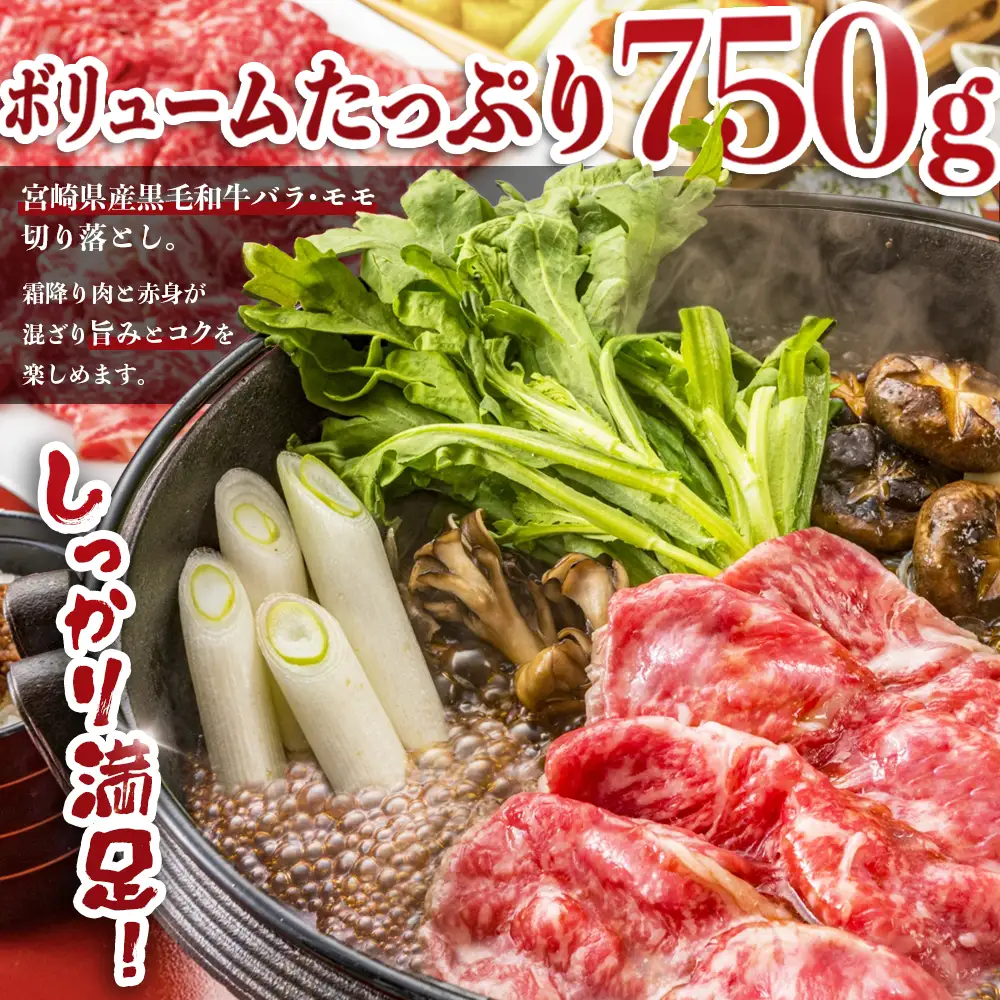 宮崎県産 黒毛和牛 バラ・モモ切り落とし 約750g×1P 冷凍｜国産牛 牛肉 お肉 切り落とし スライス バラ モモ パック 化粧箱入り 有田牧畜産業 宮崎県 諸塚村 AR-01