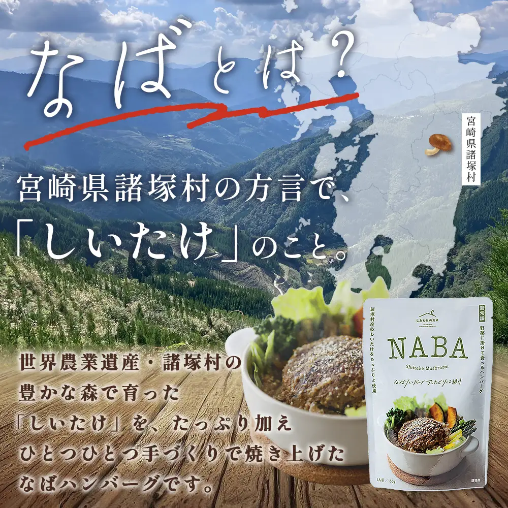 NABA ハンバーグアンチョビソース掛け 4食 セット 常温｜カレー レトルトカレー カレーライス なば しいたけ 椎茸 アンチョビ ハンバーグ レトルト 簡単調理 常備 備蓄 おかず アレンジ 家庭用もろっこはうす 宮崎県 諸塚村 MO-36
