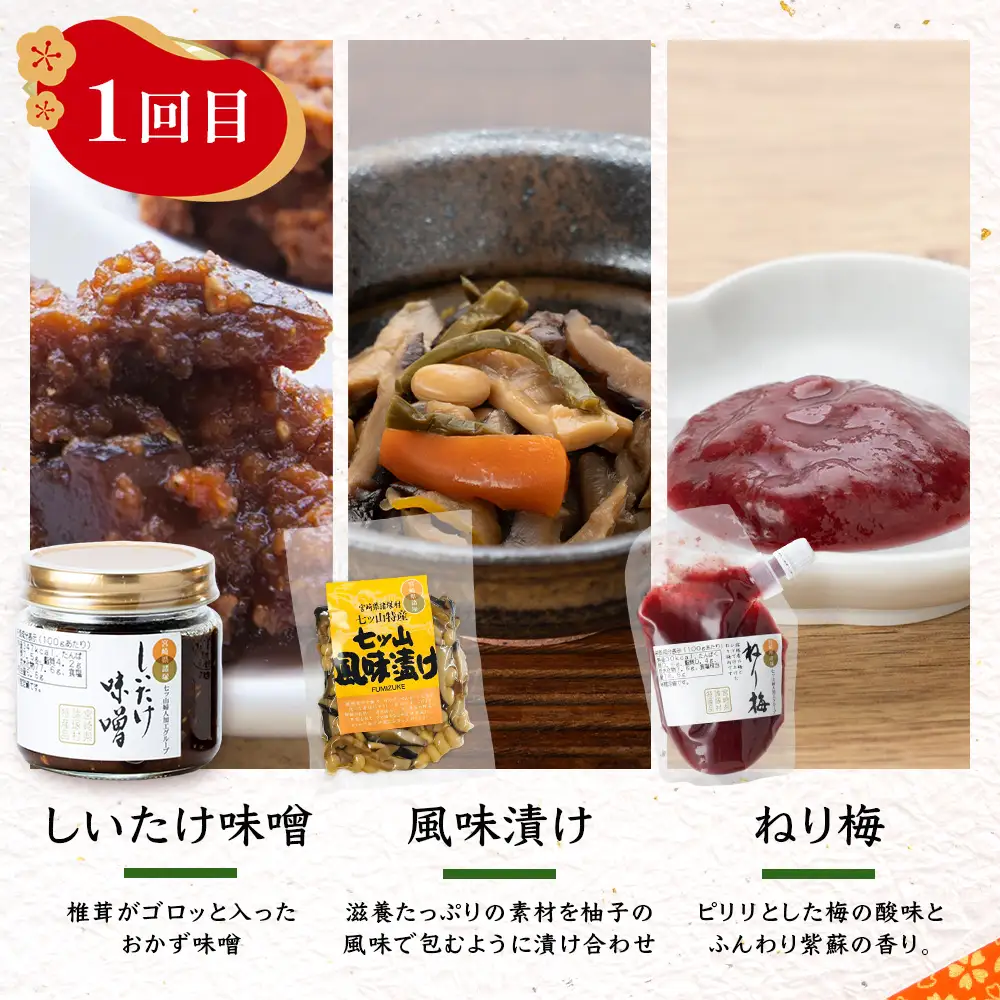 【定期便全2回】ごはんに合うおかず お試し定期便 全6種｜漬物 味噌 調味料 ご飯のお供 おかず 副菜 アレンジ 常備菜 備蓄 家庭用 もろっこはうす 宮崎県 諸塚村 MO-50