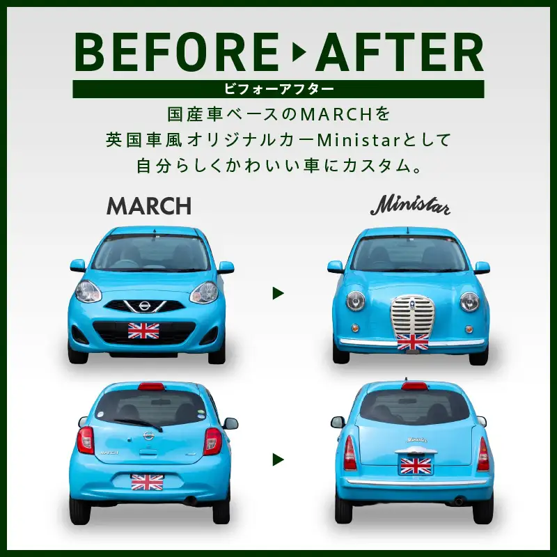 国産車ベースの英国車風オリジナルカー【ミニスター】色：ユーコングレー 平成27年式40,388km ボディコーティング：あり ホイール：ホワイト カスタムカー レトロ風 自動車 かわいい 車 国産車ベース 英国車風 オリジナルカー ミニスター ユーコングレー 平成27年式 ボディコーティング ホイール ホワイト 日産マーチ K13系 お洒落 デザイン 丈夫愛知県 小牧市 送料無料 [162I21]