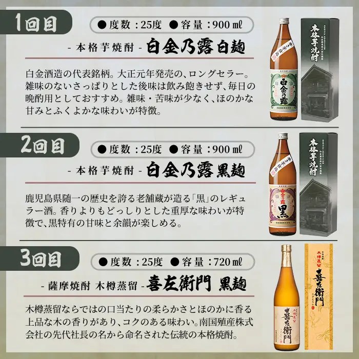 a1102 ＜定期便・全6回＞鹿児島本格芋焼酎飲み比べ！白金酒造 王道芋焼酎6本セット小(900ml×2本、720ml×4本)白金乃露白麹・黒麹 喜左衛門黒麹・白麹 手造り石蔵白麹・黒麹 【南国リカー】姶良市 定期便 酒 焼酎 本格芋焼酎 芋焼酎 飲み比べ 木樽蒸留