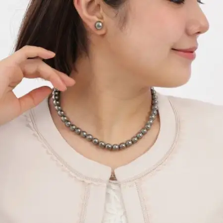 【RoseYumiRose】9mm＆10mmパール2点セット(ネックレス/ピアス)グレー【配送不可地域：沖縄県】【1734610】