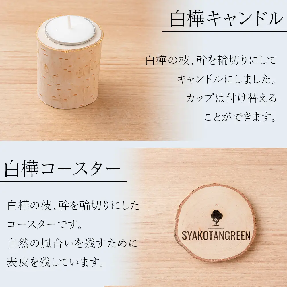 ≪数量限定≫積丹【白樺テーブルセット / スプーン / フォーク / コースター / キャンドル （各4）】北海道 森林保持