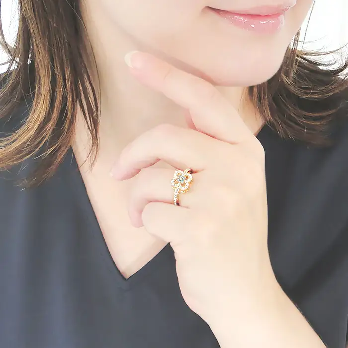 指輪 レディース リング  K18YG イエローゴールド ダイヤモンド 0.61ct ブルーダイヤ クローバー 四つ葉 花 モチーフ ダイヤリング ジュエリー 山梨県 南アルプス市 【f259-k18yg-bd】 ALPAZ207