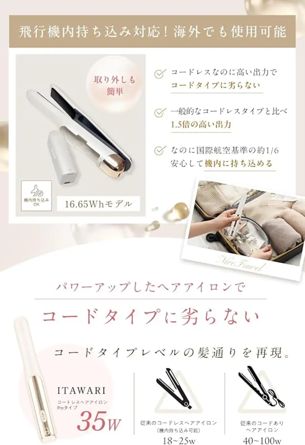 コードレスヘアアイロン機内持ち込み可海外対応 [キューティクル保護プレート×従来比1.7倍出力で髪に艶と潤いを] 充電式持ち運びミニヘアアイロン (ベージュ) [1337]