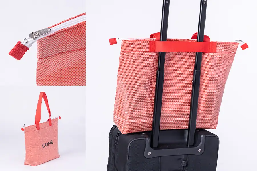 幸せをはこぶお米のふくろ　カムサックトラベルPP　レッドシャンブレー/バッグ ばっぐ 米 米袋 PP こめ コメ 可愛い サステナブル 便利 大容量 内ポケット 手作業 北日本製袋 岩手県 矢巾町