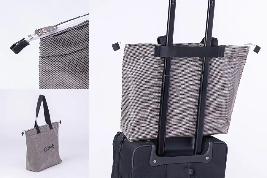 幸せをはこぶお米のふくろ　カムサックトラベルPP　ブラックシャンブレー/バッグ ばっぐ 米 米袋 PP こめ コメ 可愛い サステナブル 便利 大容量 内ポケット 手作業 北日本製袋 岩手県 矢巾町