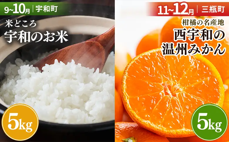 ＜【定期便】西予市5町ぐるっとうまいもの便（計5回）～定番編～＞ 『お申し込み時期により発送月が変わります』定期便 特産品 しらす ちりめん カマンベールチーズ お米 みかん 柑橘 モンブラン ミーティン・クラフト 愛媛県 西予市【常温・冷蔵・冷凍】 OMC0018