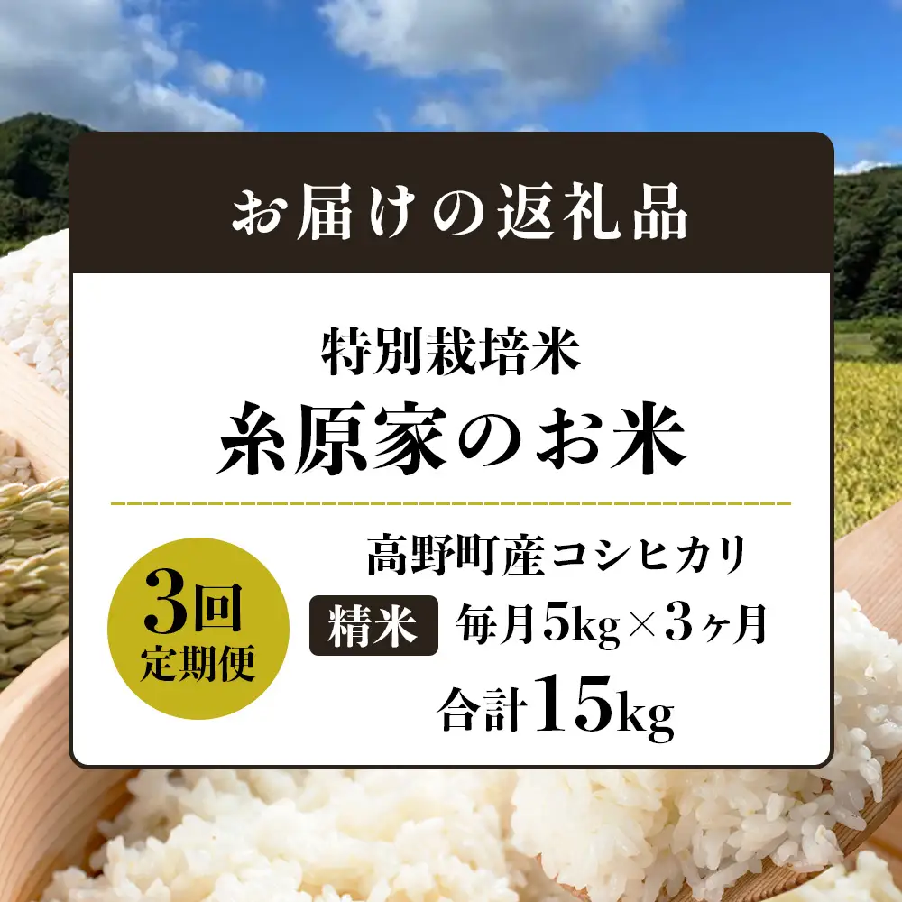 【定期便 全3回】特別栽培米「糸原家のお米」高野町産 コシヒカリ 5キロ | 5kg×3回 合計15kg 3ヶ月 3ヵ月 3か月 精米 白米 お米