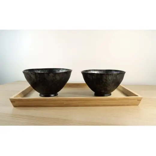 有田焼 黒錆絞りマット （大・小ペア）【三光堂商店】 夫婦茶碗 ペア ご飯茶碗 茶碗 おしゃれ 和モダン 器 うつわ 窯変 結婚祝い ギフト A22-111