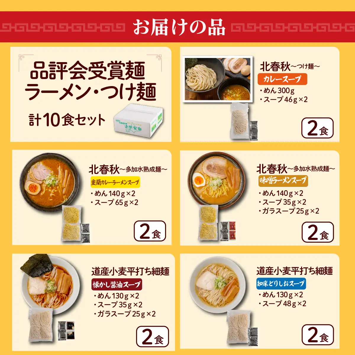 【品評会受賞麺】ラーメン・つけ麺 計１０食セット(カレーつけ麺２食、室蘭カレーラーメン２食、　味噌ラーメン２食、懐かし醤油ラーメン２食、知床どりしおラーメン２食) MROV043