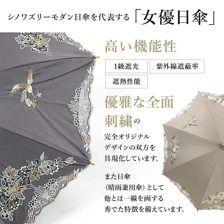 【シノワズリーモダン京都】花鳥オーガンジーカットワーク刺繍かわず張り長日傘 ホワイト