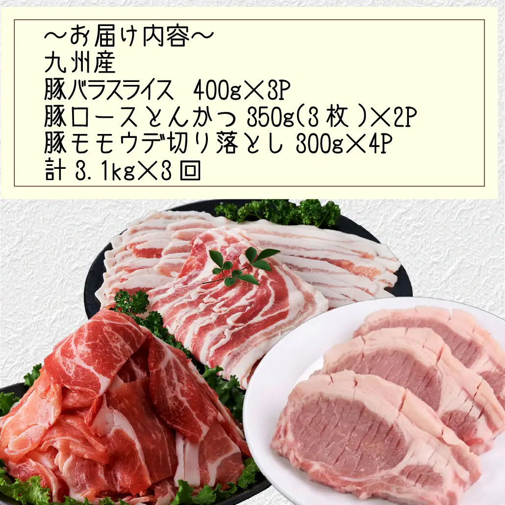 【定期便・全3回】九州産豚肉3種セット定期便(大容量 九州産豚肉 国産豚肉 炒め物 しゃぶしゃぶ とんかつ 焼肉 生姜焼き 肉じゃが カレー 豚汁)