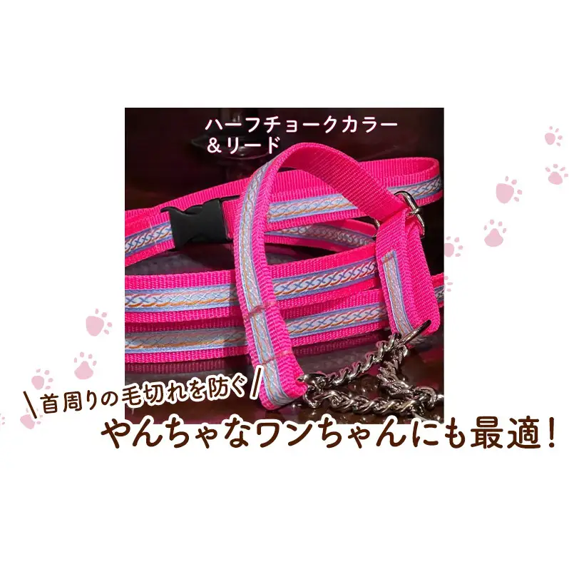 【中型犬用・Mサイズ】 ハーフチョークカラーとリードのセット（シルバー＆ピンク） ペット用品 首輪 リード 中型犬 日本製 ペット 犬 ワンちゃん 静岡 浜松市