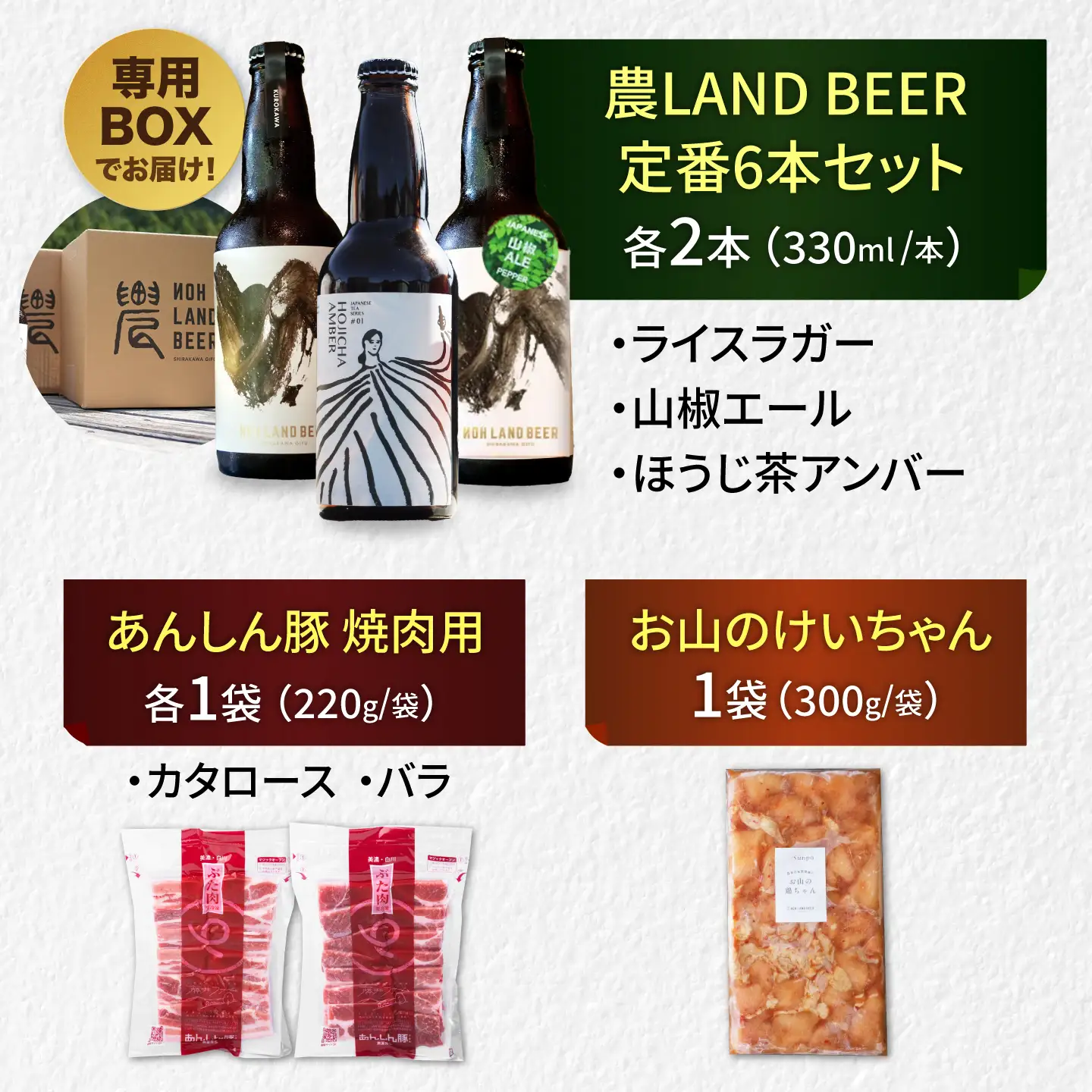あんしん豚・鶏ちゃん 焼肉・BBQセット＆定番農LANDBEERペアリングセット (2人用) / 豚肉 焼肉 味付き 鶏肉 ビール クラフトビール 白川町 / Sunpo[AWBC029]