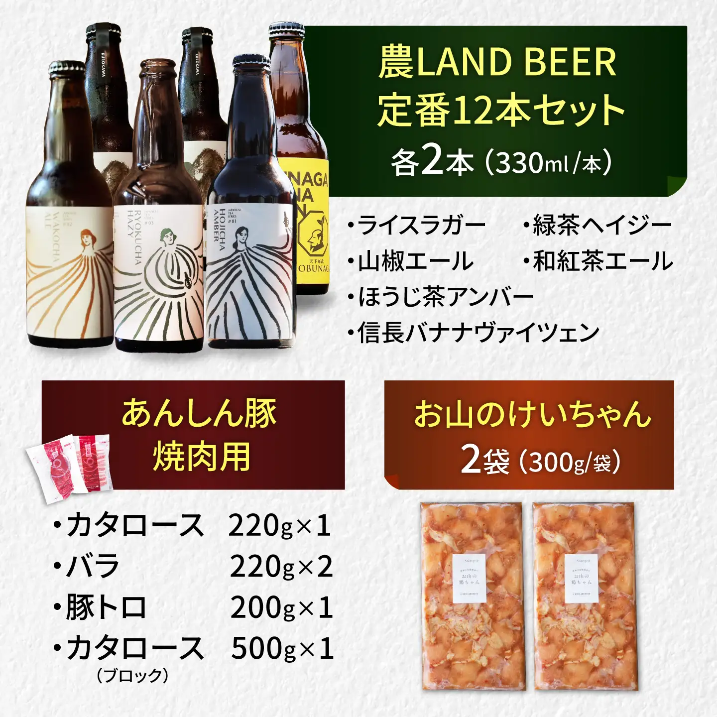 あんしん豚・鶏ちゃん 焼肉・BBQセット＆定番農LANDBEERペアリングセット (4人～6人用) / 豚肉 焼肉 味付き 鶏肉 ビール クラフトビール 白川町 / Sunpo[AWBC030]
