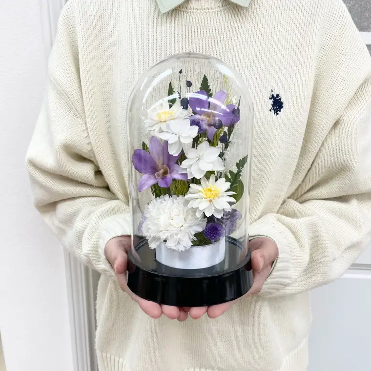 プリザーブドフラワー　栞（しおり）　藤【埼玉県 春日部市 ドーム型 紫系 贈答品 記念ギフト 室内装飾 上質 癒やし】（AJ278）
