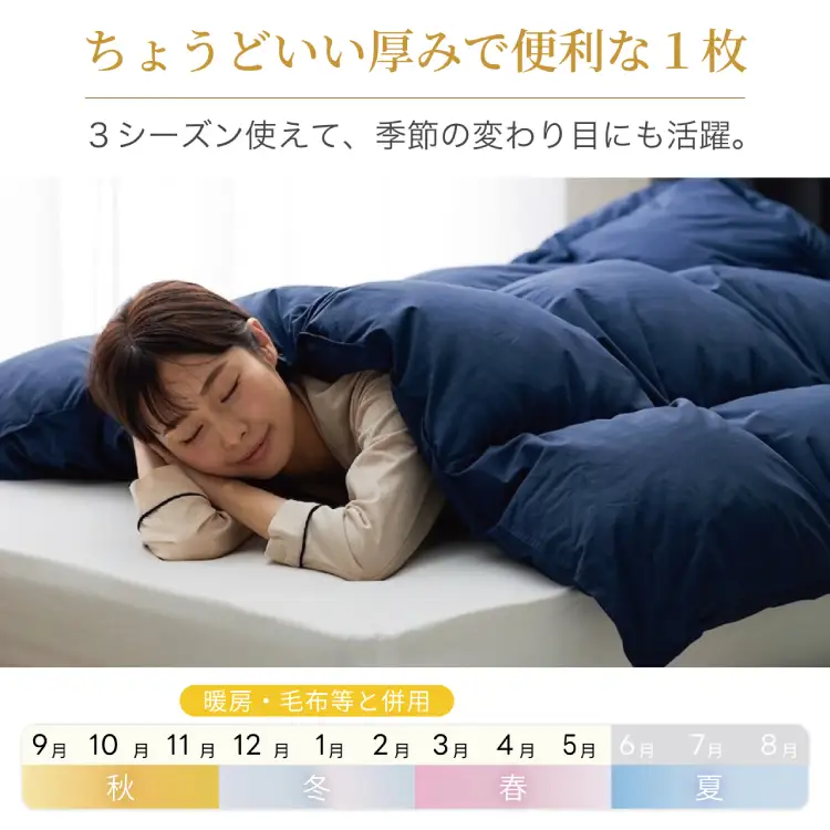 【春秋用】 洗える 羽毛布団 合掛け ダブル ホワイトダックダウン85％ 1.2kg 無地 ネイビー 中厚 春用 秋用