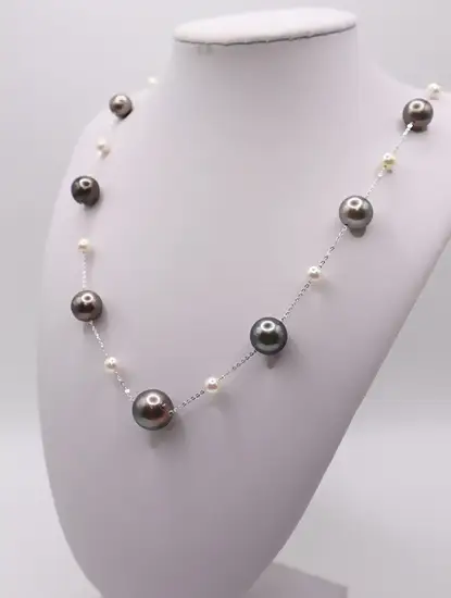 2192 SV あこや本真珠・タヒチ黒蝶真珠　約60cmロングマルチカラーネックレス 9.1~13.3mm
