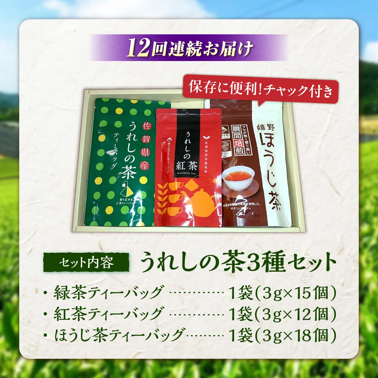 【12回定期便】 うれしの茶ティーバッグ 3種飲み比べ（緑茶・ほうじ茶・紅茶 各1袋） お茶 緑茶 ほうじ茶 紅茶 嬉野茶 /有限会社 原製茶園[UEJ012]