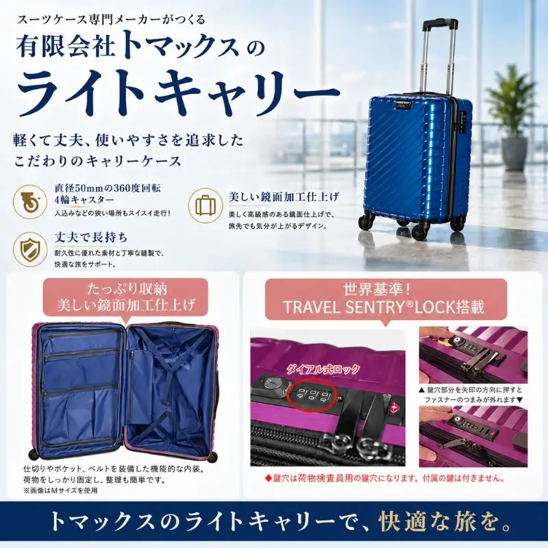 TOMAXライトキャリー小型ゴールド 3.1kg ／ キャリーバッグ 小型 スーツケース 3.1kg 軽量 機内持込 TSAロック 360度回転キャスター バックホルダー 旅行 出張 コンパクト 機能性 拡張ジッパー ゴールド デザイン 抗菌 DEODORANT TAG 厚木市 No.642