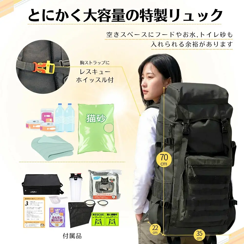 ネコのための防災DXセット 大容量リュック ポータブルケージ 防災:ネコハウス トイレ特大サイズ