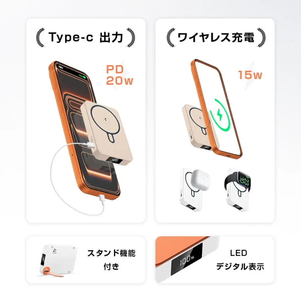 【ホワイト】モバイルバッテリー 12000mAh大容量「3in1マグネットワイヤレス充電スタンド」 MagSafe対応 iPhone17充電 PD20W急速充電 磁気充電15W 無線充電 2台同時充電 USB充電 360°回転スタンド 超薄型 軽量 コンパクト iPhone/Androidスマホ充電 PSE認証【PL保険加入済み製品・安心】