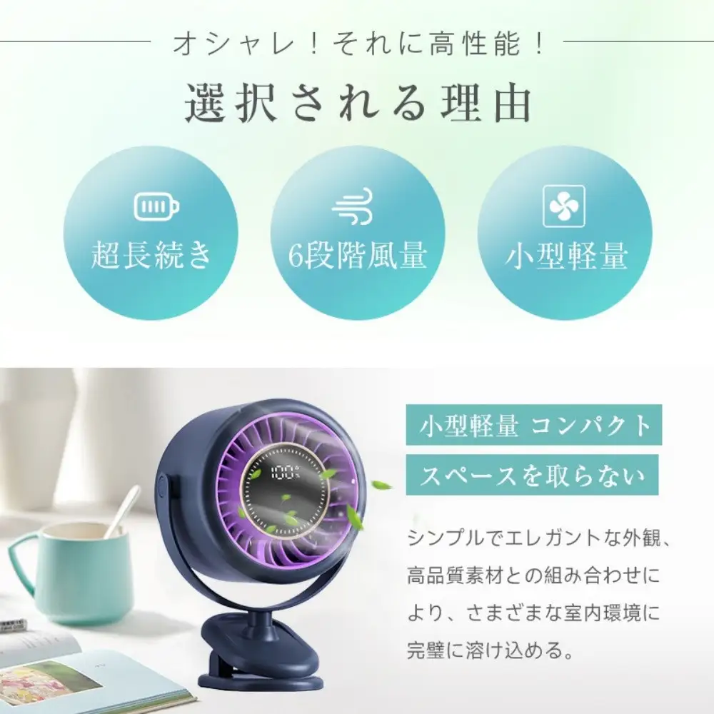 【ホワイト】クリップ式 扇風機 サーキュレーター【2026年夏・新製品】 ミニ扇風機 卓上 DCモーター パワフル送風 自動OFF 6段階風量 コードレス 2WAY 大容量電池 4000mAh USB充電 残電量表示 軽量 コンパクト 熱中症対策 アウトドア 90日間あんしん保証付 【PL保険加入済み製品・安心】