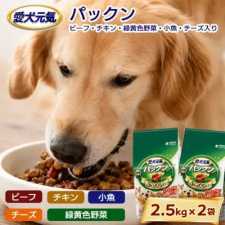 愛犬元気 パックン ビーフ・チキン・緑黄色野菜・小魚・チーズ入り 2.5kg×2袋 ドッグフード【1751698】