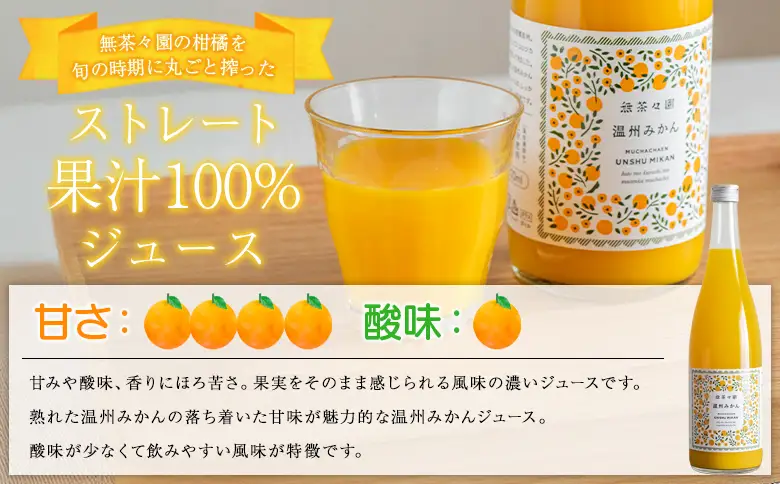 ＜無茶々園の温州みかんジュース 720ml 6本＞『1か月以内に順次出荷予定』柑橘 果物 オレンジ フルーツ ストレート 果汁100% 温州ミカン 蜜柑 丸ごと 糖度 甘い 甘味 飲んで応援 特産品 無茶々園 愛媛県 西予市 【常温】AMC0069