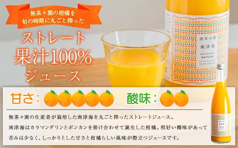＜無茶々園の南津海ジュース 720ml 3本＞『1か月以内に順次出荷予定』柑橘 果物 オレンジ フルーツ ストレート 果汁100% 南津海 なつみ ナツミ 丸ごと 酸味 甘味 あまみ 飲んで応援 特産品 無茶々園 愛媛県 西予市 【常温】AMC0078