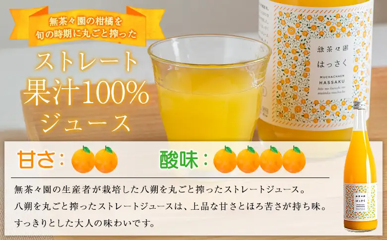 ＜無茶々園の八朔ジュース 720ml 6本＞『1か月以内に順次出荷予定』柑橘 果物 オレンジ フルーツ ストレート 果汁100% 八朔 はっさく ハッサク 丸ごと 上品な甘さ ほろ苦さ すっきり 飲んで応援 特産品 無茶々園 愛媛県 西予市 【常温】AMC0083