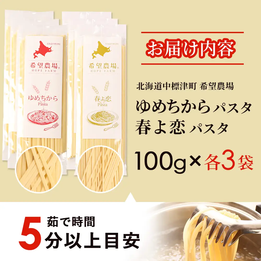北海道中標津町産「春よ恋」パスタ・「ゆめちから」パスタ 各3袋（合計6袋）【82006】