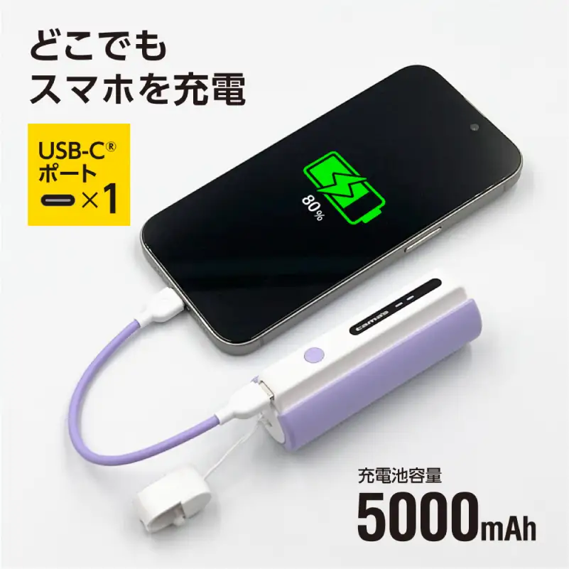 LEDライト付きモバイルバッテリー 5000mAh（バイオレット）TL98CV 【kw0232-0079-2】